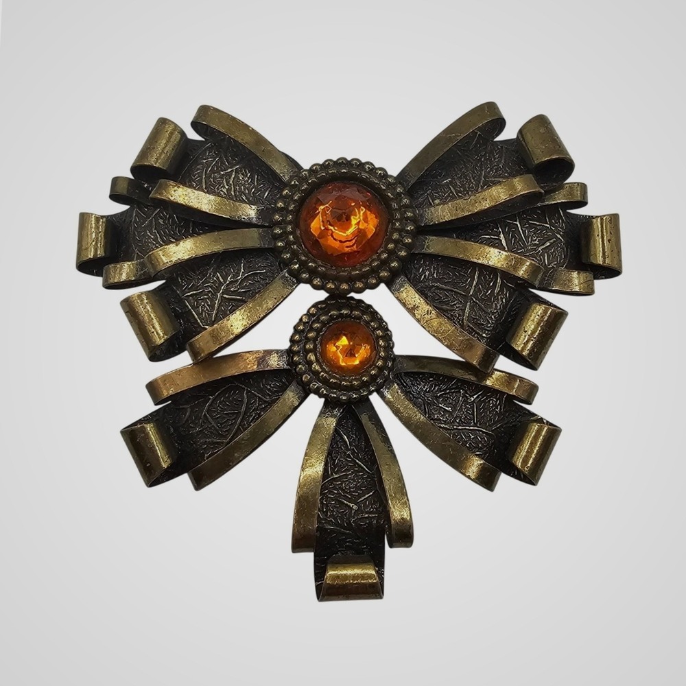 Vintage Bow Brooch Ribbon Steampunk Rhinestone Antiqued Bronze Tone Pin